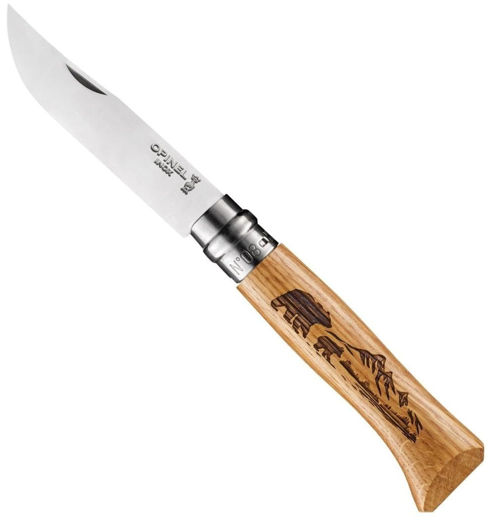 Opinel Knives No.08 Oak Engraved Handle Folding Knife - Bear | J&H Outdoors