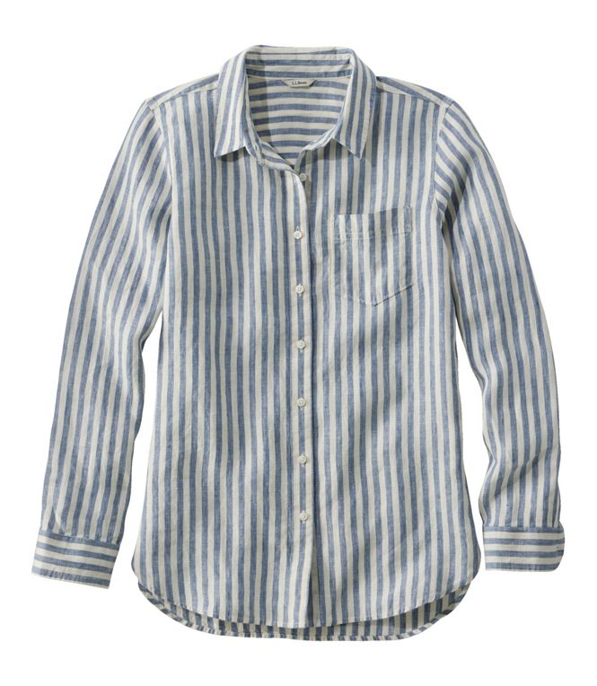 L.L.Bean Women's Premium Washable Linen Shirt Tunic Long Sleeve Micro Stripe Moonlight Blue