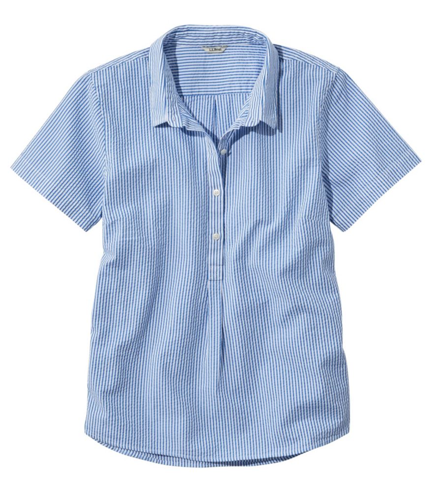 L.L.Bean Women's Vacationland Seersucker Shirt, Short-Sleeve Popover Stripe Bright Capri