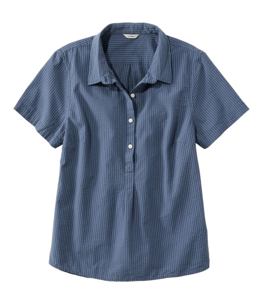 L.L.Bean Women's Vacationland Seersucker Shirt, Short-Sleeve Popover Stripe Soft Indigo Stripe