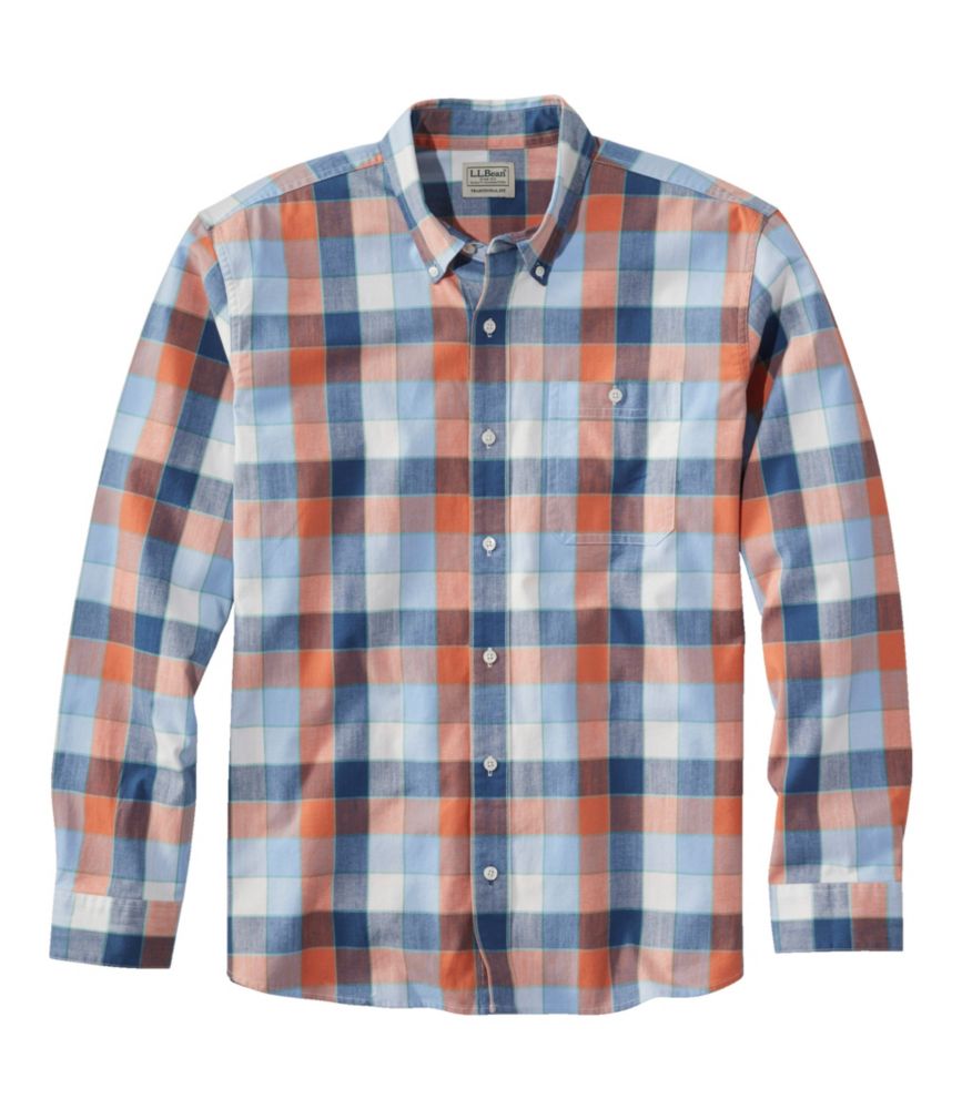 L.L.Bean Men's Comfort Stretch Chambray Shirt, Traditional Untucked Fit, Long-Sleeve, Print Faded Orange