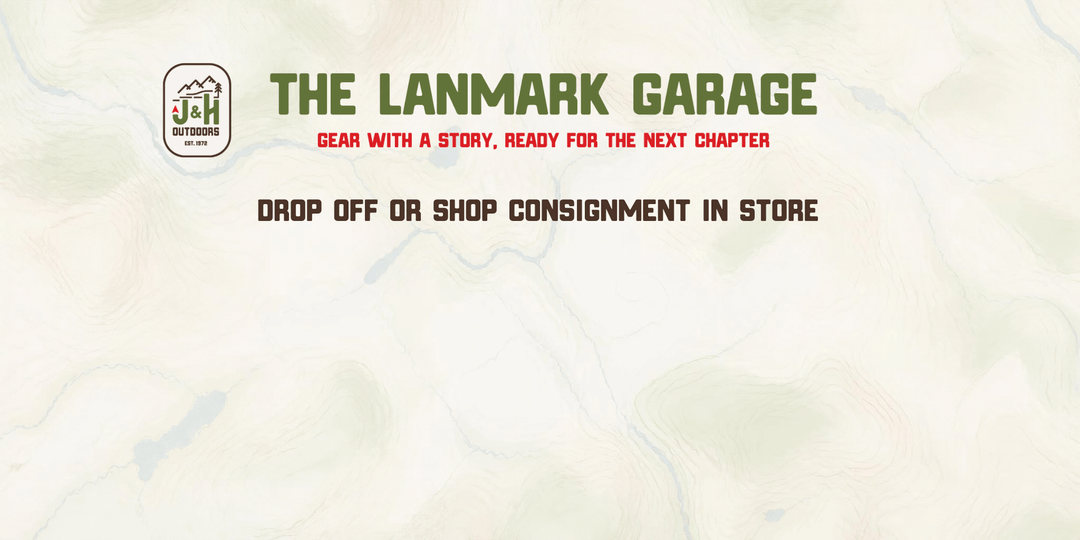 A promotional graphic for 'The Lanmark Garage' featuring a topographic map background. The text reads 'THE LANMARK GARAGE' in green, 'GEAR WITH A STORY, READY FOR THE NEXT CHAPTER' in red, and 'DROP OFF OR SHOP CONSIGNMENT IN STORE' in dark brown.