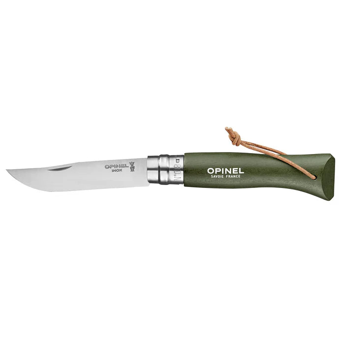 Opinel Knives No.08 Stainless Steel Folding Knife with Lanyard - Colorama DARK GREEN