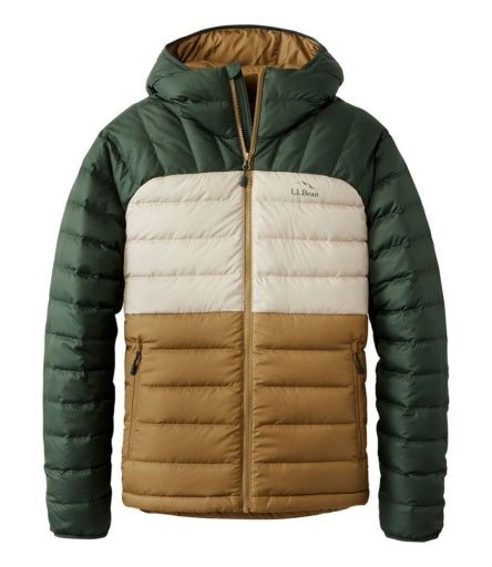 L.L.Bean Bean's Down Hooded Jacket Colorblock Men's Regular Fatigue Green/Deep Balsam