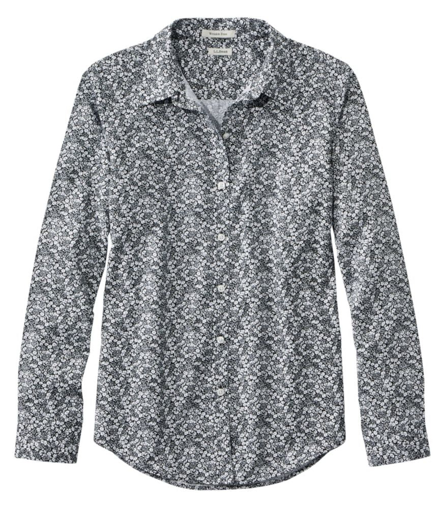 L.L.Bean Wrinkle-Free Pinpoint Oxford Shirt Original Fit Long Sleeve Print Women's Regular Black Floral