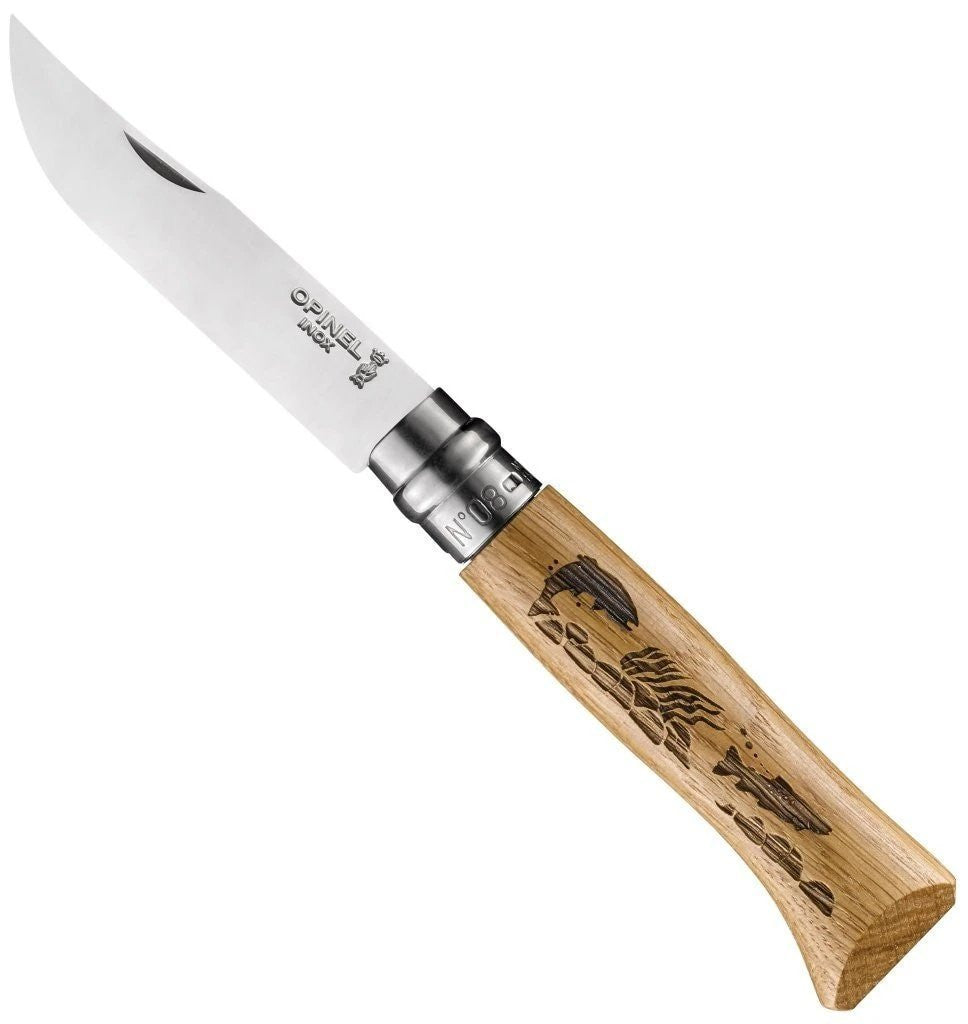 Opinel Knives No.08 Oak Engraved Handle Folding Knife - Fish | J&H Outdoors
