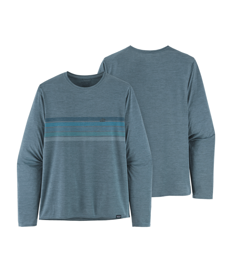 Patagonia Men's Long-Sleeved Capilene Cool Daily Graphic Shirt Line Logo Ridge Stripe: Light Plume Grey X-Dye