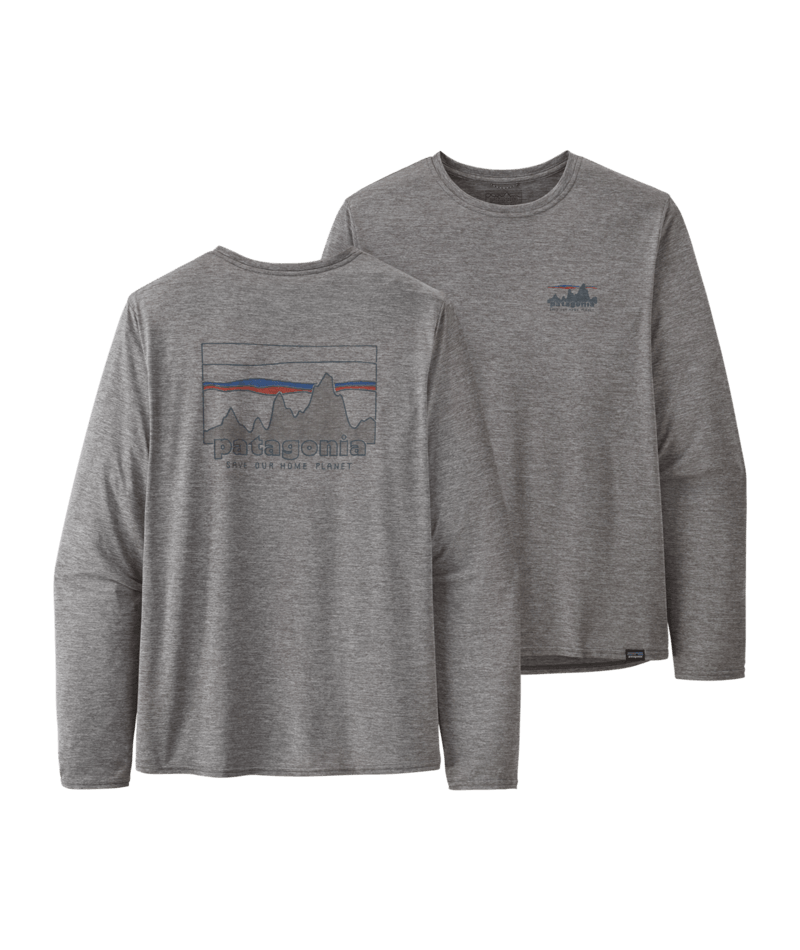 Patagonia Men's Long-Sleeved Capilene Cool Daily Graphic Shirt - Waters Boardshort Logo: Wavy Blue X-Dye / L